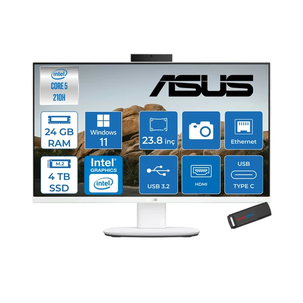 Asus V440VAK Intel® Core™ 5 210H 4.8ghz 24GB Ddr5 4tb SSD 23.8" Fhd 100HZ 250NITS Srgb: %100 WIN11PRO Beyaz Allınone Bilgisayar 24C58512W0DP10+ZETTAUSBBELLEK ürün görseli 1