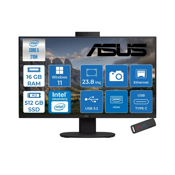 Asus V440VAK Intel® Core™ 5 210H 4.8ghz 16GB Ddr5 512GB SSD 23.8" Fhd 100HZ 250NITS Srgb: %100 WIN11HOME Siyah Allınone Bilgisayar 24C58512B0DH02+ZETTAUSBBELLEK ürün görseli 1