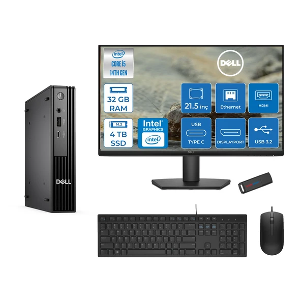 Dell Pc Pro Mıcro QCM1250 Intel® Core™ I5 14500T 32GB Ddr5 4tb SSD Intel® UHD Graphics 770 21.5 Dell Monitör Fhd  Freedos Mini Masaüstü Bilgisayar BTO00821F15+ZETTAUSBBELLEK ürün görseli 1