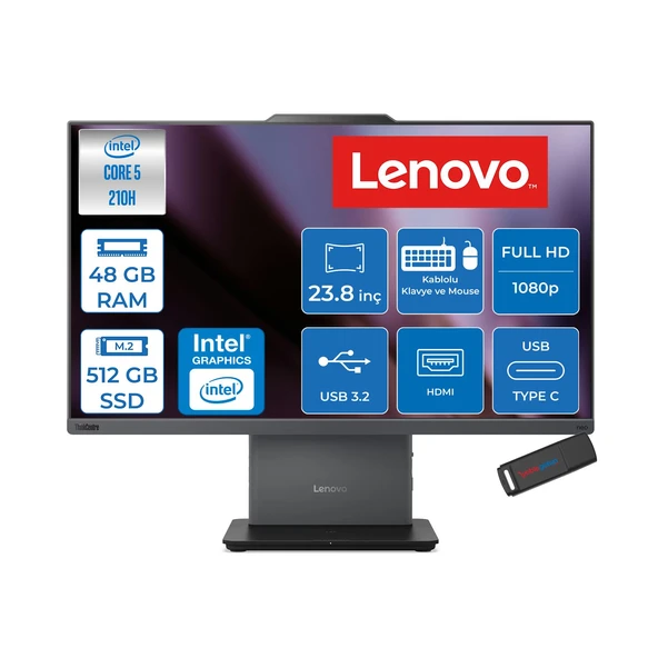Lenovo Thinkcentre Neo 50A 24 Gen 5 Intel® Core™ 5 210H 4.8ghz 48GB Ddr5 512GB SSD 23.8" Fhd (1920X1080) IPS 250NITS, 99% Srgb Freedos Siyah Allınone Bilgisayar 12SC004GTRF17+ZETTAUSBBELLEK ürün görseli 1
