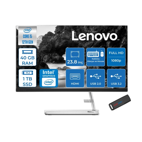 Lenovo Ideacentre Aıo 3 24IAP7 Intel Core I5 12450H 40GB 1tb SSD Freedos 23.8" Fhd (1920X1080) IPS 250NITS All In One Bilgisayar Beyaz F0GH01GDTRF18+ZETTAUSBBELLEK ürün görseli 1