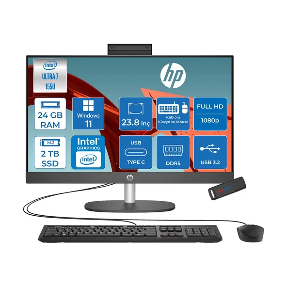Hp Proone 240 G10 Intel® Core™ Ultra 7 155U 4,8 Ghz 24GB Ddr5 2tb SSD 23.8" Fhd (1920 x 1080), Ips,wled 250 Nits WIN11PRO Siyah Allınone Bilgisayar D1BC2ETP09+ZETTAUSBBELLEK ürün görseli 1