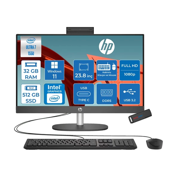 Hp Proone 240 G10 Intel® Core™ Ultra 7 155U 4,8 Ghz 32GB Ddr5 512GB SSD 23.8" Fhd (1920 x 1080), Ips,wled 250 Nits WIN11HOME Siyah Allınone Bilgisayar D1BC2ETH12+ZETTAUSBBELLEK ürün görseli 1