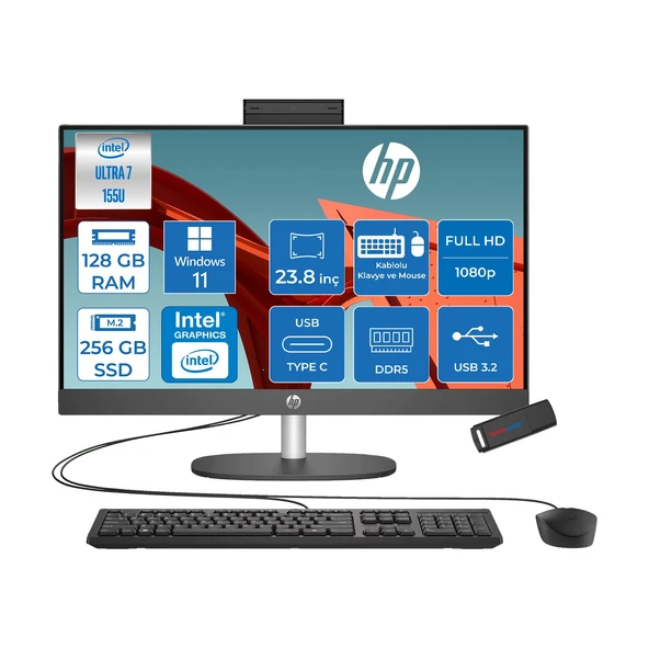 Hp Proone 240 G10 Intel® Core™ Ultra 7 155U 4,8 Ghz 128GB Ddr5 256GB SSD 23.8" Fhd (1920 x 1080), Ips,wled 250 Nits WIN11HOME Siyah Allınone Bilgisayar D1BC2ETH36+ZETTAUSBBELLEK ürün görseli 1
