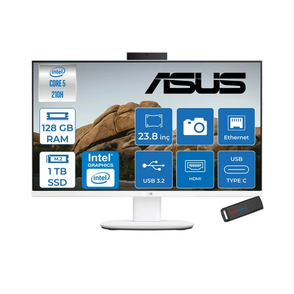 Asus V440VAK Intel® Core™ 5 210H 4.8ghz 128GB Ddr5 1tb SSD 23.8" Fhd 100HZ 250NITS Srgb: %100 Freedos Beyaz Allınone Bilgisayar 24C58512W0DF38+ZETTAUSBBELLEK ürün görseli 1