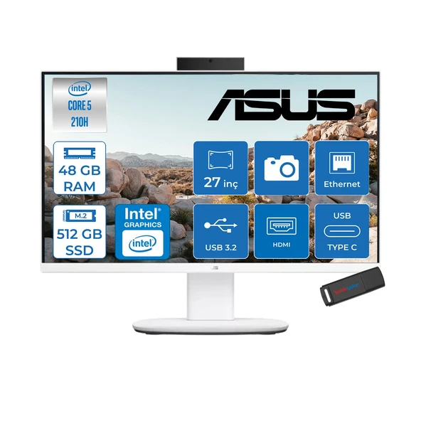 Asus V470VAK Intel® Core™ 5 210H 4.8ghz 48GB Ddr5 512GB SSD 27" Fhd 100HZ 300NITS Srgb: %100 Freedos Beyaz Allınone Bilgisayar 27C516512W0DF17+ZETTAUSBBELLEK ürün görseli 1