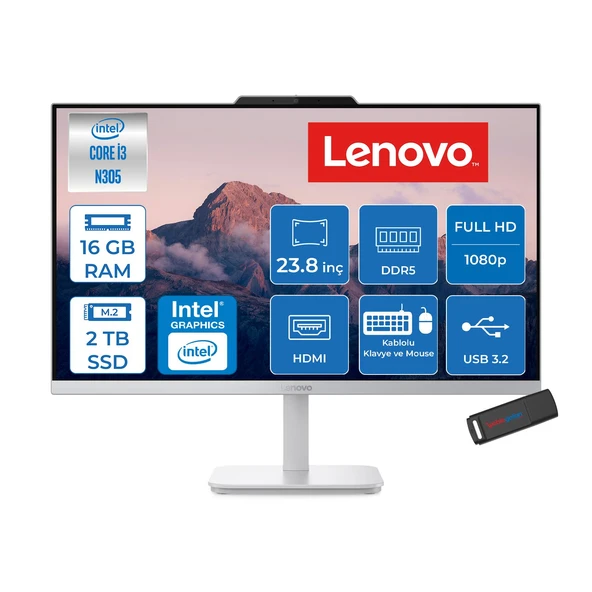 Lenovo A100 Intel Core I3-N305 3.8ghz 16GB 2tb SSD Intel® UHD Graphics 23.8" Fhd (1920X1080) IPS 99% Srgb Freedos All-In-One Bilgisayar F0J6002UTRF09+ZETTAÇANTA ürün görseli 1