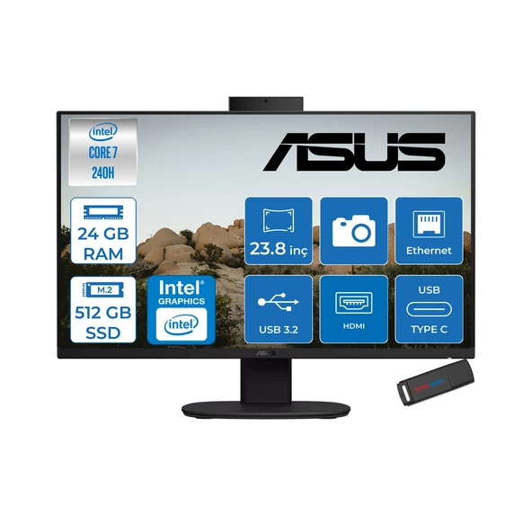 Asus V440VAK Intel® Core™ 7 240H 5.2ghz 24GB Ddr5 512GB SSD 23.8" Fhd 100HZ 250NITS Srgb: %100 Freedos Siyah Allınone Bilgisayar 24C716512B0DF07+ZETTAUSBBELLEK ürün görseli 1