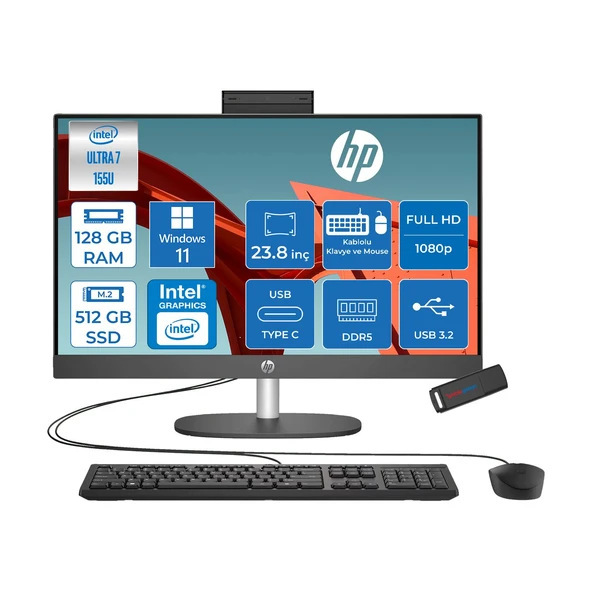Hp Proone 240 G10 Intel® Core™ Ultra 7 155U 4,8 Ghz 128GB Ddr5 512GB SSD 23.8" Fhd (1920 x 1080), Ips,wled 250 Nits WIN11PRO Siyah Allınone Bilgisayar D1BC2ETP37+ZETTAUSBBELLEK ürün görseli 1