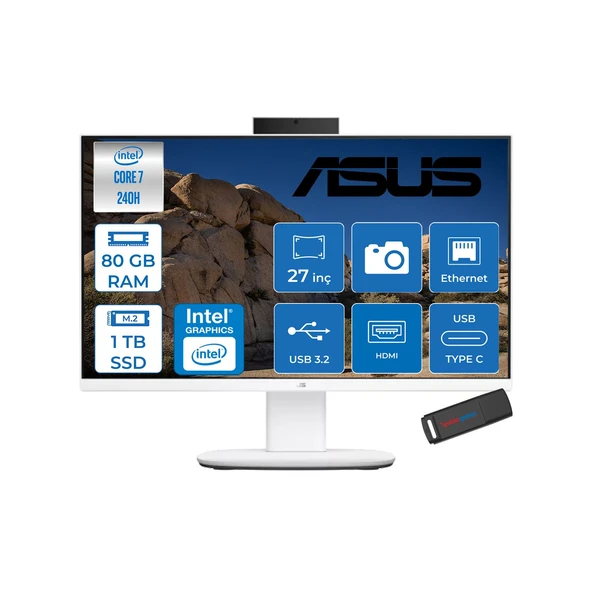 Asus V470VAK Intel® Core™ 7 240H 5.2ghz 80GB Ddr5 1tb SSD 27" Fhd 100HZ 300NITS Srgb: %100 Freedos Beyaz Allınone Bilgisayar 27C716512W0DF28+ZETTAUSBBELLEK ürün görseli 1