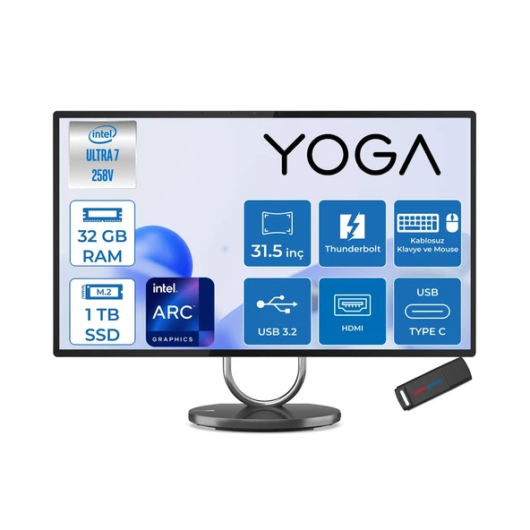 Lenovo Yoga Aıo 32ILL10 Intel Core Ultra 7 258V 32GB 1tb SSD Intel Arc Graphics 140V 31.5" UHD (3840X2160) IPS 495NITS Freedos Kurumsal All In One F0HX001YTRF10 + Zettaçanta ürün görseli 1