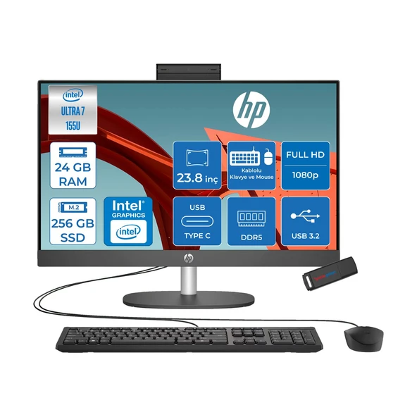 Hp Proone 240 G10 Intel® Core™ Ultra 7 155U 4,8 Ghz 24GB Ddr5 256GB SSD 23.8" Fhd (1920 x 1080), Ips,wled 250 Nits Freedos Siyah Allınone Bilgisayar D1BC2ETF06+ZETTAUSBBELLEK ürün görseli 1