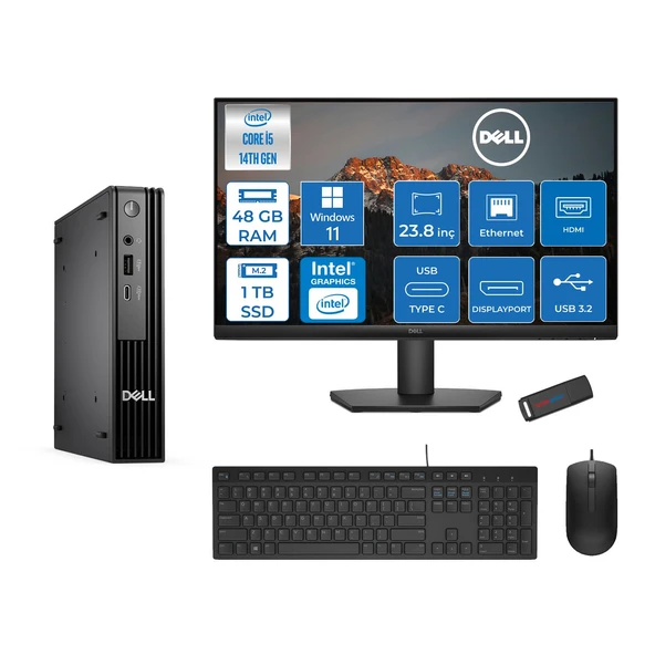 Dell Pc Pro Mıcro QCM1250 Intel® Core™ I5 14500T 48GB Ddr5 1tb SSD Intel® UHD Graphics 770 Dell 23.8 Fhd Mon.  WIN11PRO Mini Masaüstü Bilgisayar BTO00823P18+ZETTAUSBBELLEK ürün görseli 1