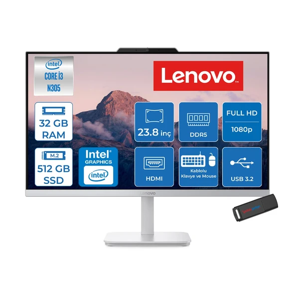 Lenovo A100 Intel Core I3-N305 3.8ghz 32GB 512GB SSD Intel® UHD Graphics 23.8" Fhd (1920X1080) IPS 99% Srgb Freedos All-In-One Bilgisayar F0J6002UTRF12+ZETTAÇANTA ürün görseli 1