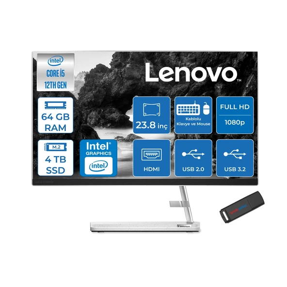 Lenovo Ideacentre Aıo 3 24IAP7 Intel Core I5 12450H 64GB 4tb SSD Freedos 23.8" Fhd (1920X1080) IPS 250NITS All In One Bilgisayar Beyaz F0GH01GDTRF30+ZETTAUSBBELLEK ürün görseli 1