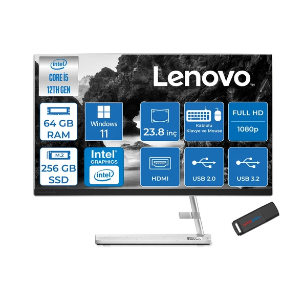 Lenovo Ideacentre Aıo 3 24IAP7 Intel Core I5 12450H 64GB 256GB SSD WIN11HOME 23.8" Fhd (1920X1080) IPS 250NITS All In One Bilgisayar Beyaz F0GH01GDTRH26+ZETTAUSBBELLEK ürün görseli 1