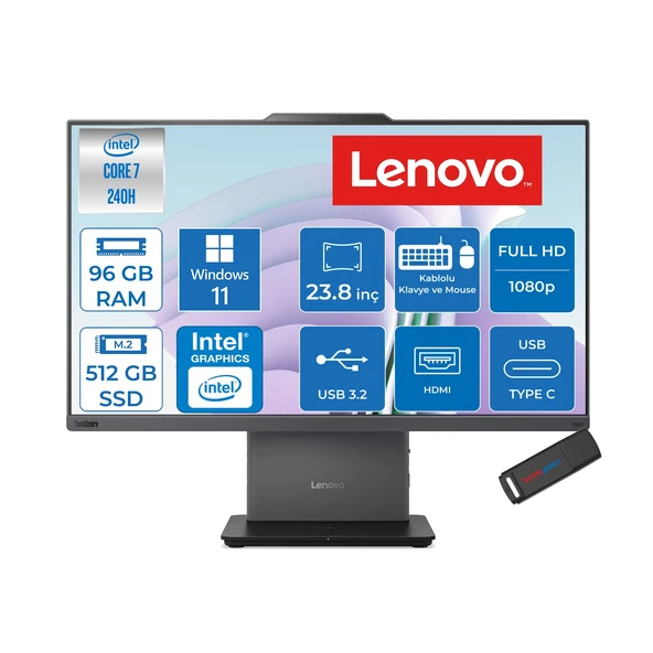 Lenovo Thinkcentre Neo 50A 24 Gen 5 Intel® Core™ 7 240H 5.2ghz 96GB Ddr5 512GB SSD 23.8" Fhd (1920X1080) IPS 250NITS, 99% Srgb WIN11PRO Siyah Allınone Bilgisayar 12SC003YTRP32+ZETTAUSBBELLEK ürün görseli 1