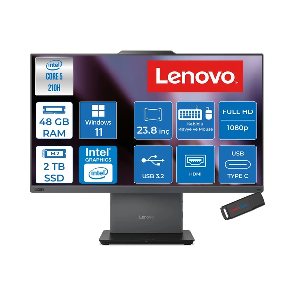 Lenovo Thinkcentre Neo 50A 24 Gen 5 Intel® Core™ 5 210H 4.8ghz 48GB Ddr5 2tb SSD 23.8" Fhd (1920X1080) IPS 250NITS, 99% Srgb WIN11HOME Siyah Allınone Bilgisayar 12SC004GTRH19+ZETTAUSBBELLEK ürün görseli 1