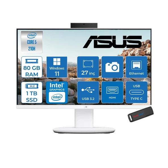Asus V470VAK Intel® Core™ 5 210H 4.8ghz 80GB Ddr5 1tb SSD 27" Fhd 100HZ 300NITS Srgb: %100 WIN11HOME Beyaz Allınone Bilgisayar 27C516512W0DH28+ZETTAUSBBELLEK ürün görseli 1