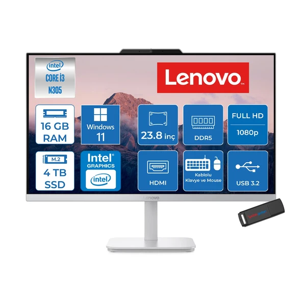 Lenovo A100 Intel Core I3-N305 3.8ghz 16GB 4tb SSD Intel® UHD Graphics 23.8" Fhd (1920X1080) IPS 99% Srgb WIN11HOME All-In-One Bilgisayar F0J6002UTRH10+ZETTAÇANTA ürün görseli 1