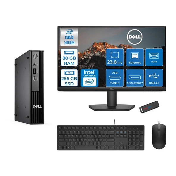 Dell Pc Pro Mıcro QCM1250 Intel® Core™ I5 14500T 80GB Ddr5 256GB SSD Intel® UHD Graphics 770 Dell 23.8 Fhd Mon.  Freedos Mini Masaüstü Bilgisayar BTO00823F26+ZETTAUSBBELLEK ürün görseli 1