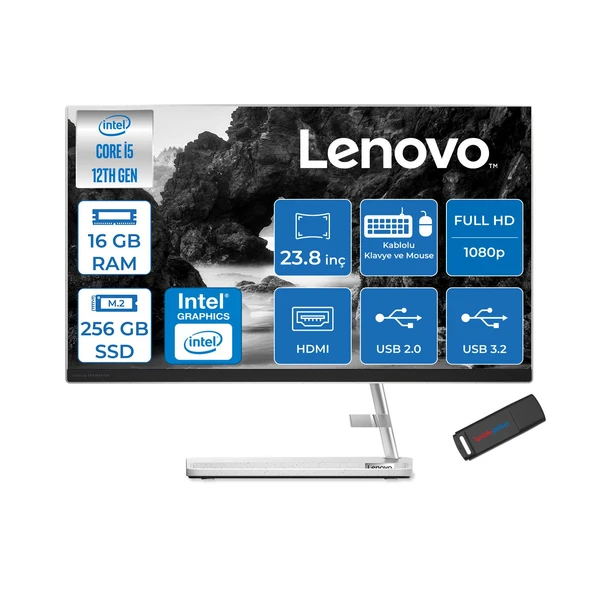 Lenovo Ideacentre Aıo 3 24IAP7 Intel Core I5 12450H 16GB 256GB SSD Freedos 23.8" Fhd (1920X1080) IPS 250NITS All In One Bilgisayar Beyaz F0GH01GDTRF01+ZETTAUSBBELLEK ürün görseli 1