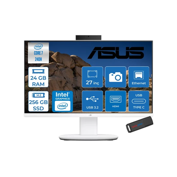 Asus V470VAK Intel® Core™ 7 240H 5.2ghz 24GB Ddr5 256GB SSD 27" Fhd 100HZ 300NITS Srgb: %100 Freedos Beyaz Allınone Bilgisayar 27C716512W0DF06+ZETTAUSBBELLEK ürün görseli 1