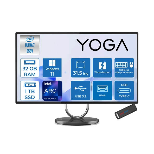 Lenovo Yoga Aıo 32ILL10 Intel Core Ultra 7 258V 32GB 1tb SSD Intel Arc Graphics 140V 31.5" UHD (3840X2160) IPS 495NITS Windows 11 Pro Kurumsal All In One F0HX001YTRP10 + Zettaçanta ürün görseli 1