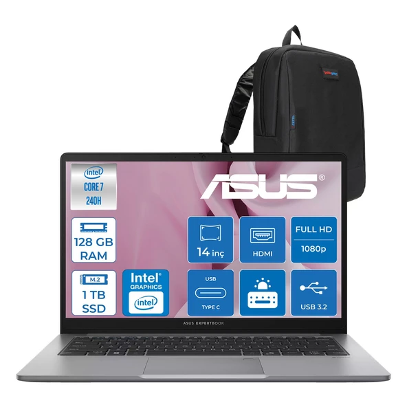 Asus Expertbook P1 P1403CVA Intel® Core™ 7 240H 128GB Ddr5 1tb SSD 14"fhd (1920 x 1080) 300NITS Freedos Taşınabilir Bilgisayar PC716512G0DF38+ZETTAÇANTA ürün görseli 1