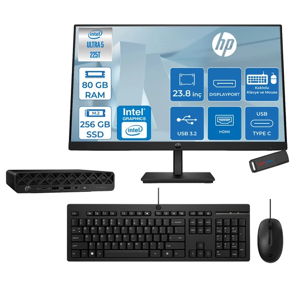 Hp Prodesk 4 Mini G1I Intel® Core™ Ultra 5 225T 4,9ghz 80GB Ddr5 256GB SSD Intel®graphics Freedos +23.8 100Hz Monitör Mini Masaüstü Bilgisayar 24BY6X8ETF26+ZETTAUSBBELLEK ürün görseli 1