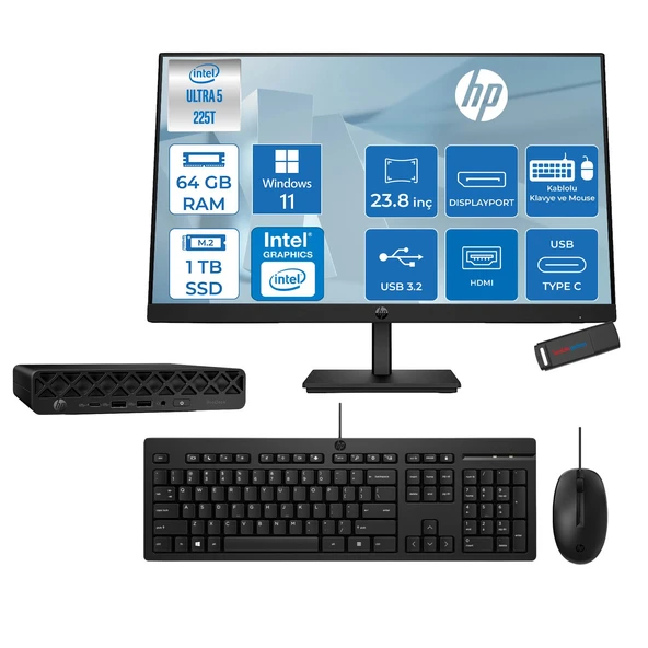 Hp Prodesk 4 Mini G1I Intel® Core™ Ultra 5 225T 4,9ghz 64GB Ddr5 1tb SSD Intel®graphics WIN11PRO +23.8 100Hz Monitör Mini Masaüstü Bilgisayar 24BY6X8ETP23+ZETTAUSBBELLEK ürün görseli 1