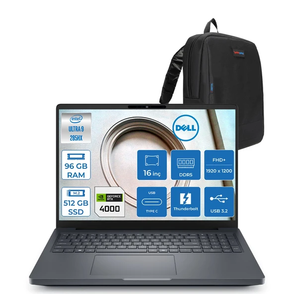 Dell Pro Max 16+ Intel Core Ultra 9 285HX 96GB 512GB SSD 16GB/RTXPRO4000 Blackwell 16" Wuxga 60hz Freedos Kurumsal Iş Istasyonu MB16250EMEAF29 + Zettaçanta ürün görseli 1