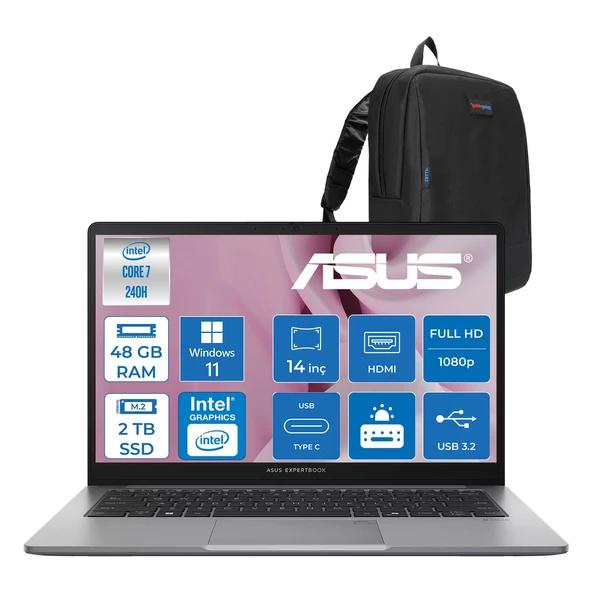Asus Expertbook P1 P1403CVA Intel® Core™ 7 240H 48GB Ddr5 2tb SSD 14"fhd (1920 x 1080) 300NITS WIN11PRO Taşınabilir Bilgisayar PC716512G0DP19+ZETTAÇANTA ürün görseli 1