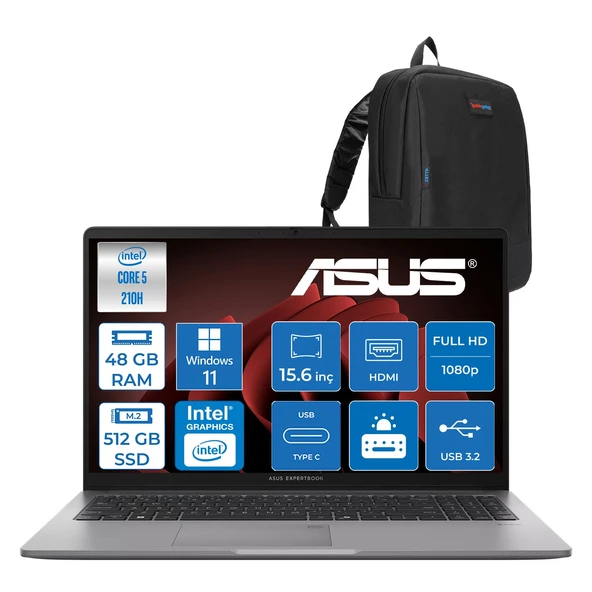 Asus Expertbook P1 P1503CVA Intel® Core™ 5 210H 48GB Ddr5 512GB SSD 15.6"fhd (1920 x 1080) 300NITS WIN11PRO Taşınabilir Bilgisayar ZC516512G0DP17+ZETTAÇANTA ürün görseli 1