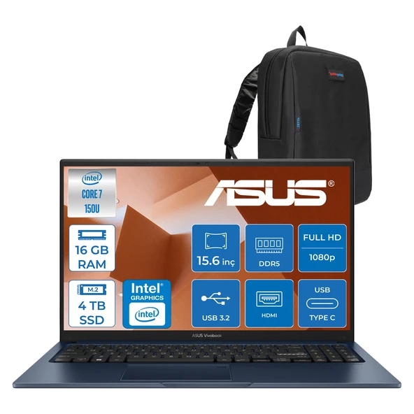 Asus Vivobook 15 Vivobook 15 (X1504VA) Intel® Core™ 7 150U 16GB Ddr5 4tb SSD Intel Graphic Gpu 15,6 Inç Fhd (1920 x 1080) Freedos Taşınabilir Bilgisayar X1504VA150UF05+ZETTAÇANTA ürün görseli 1