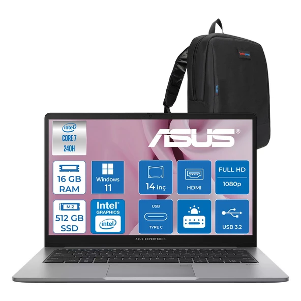 Asus Expertbook P1 P1403CVA Intel® Core™ 7 240H 16GB Ddr5 512GB SSD 14"fhd (1920 x 1080) 300NITS WIN11PRO Taşınabilir Bilgisayar PC716512G0DP02+ZETTAÇANTA ürün görseli 1