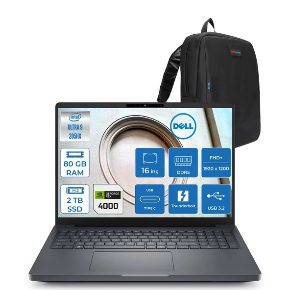 Dell Pro Max 16+ Intel Core Ultra 9 285HX 80GB 2tb SSD 16GB/RTXPRO4000 Blackwell 16" Wuxga 60hz Freedos Kurumsal Iş Istasyonu MB16250EMEAF27 + Zettaçanta ürün görseli 1