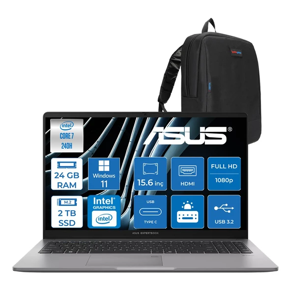 Asus Expertbook P1 P1503CVA Intel® Core™ 7 240H 24GB Ddr5 2tb SSD 15.6"fhd (1920 x 1080) 300NITS WIN11HOME Taşınabilir Bilgisayar ZC716512G0DH09+ZETTAÇANTA ürün görseli 1