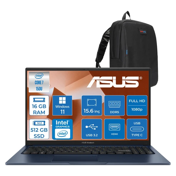 Asus Vivobook 15 Vivobook 15 (X1504VA) Intel® Core™ 7 150U 16GB Ddr5 512GB SSD Intel Graphic Gpu 15,6 Inç Fhd (1920 x 1080) WIN11PRO Taşınabilir Bilgisayar X1504VA150UP02+ZETTAÇANTA ürün görseli 1