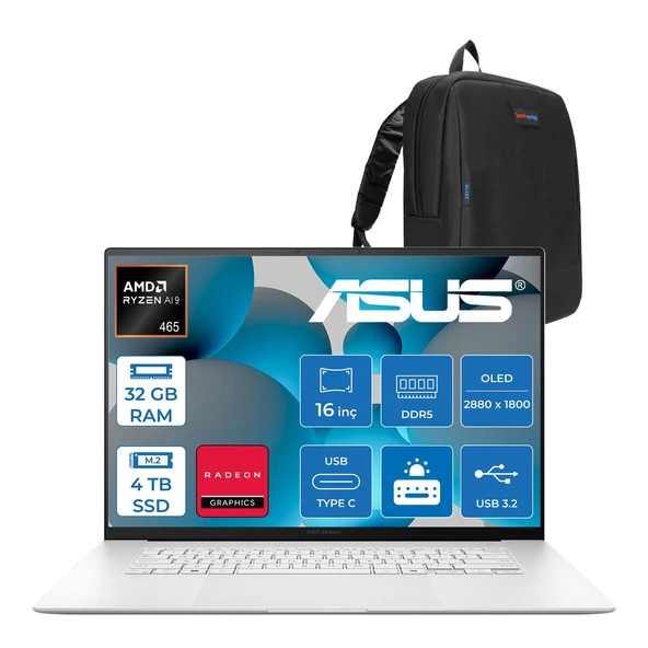 Asus Zenbook S16 UM5606GA Amdryzen Aı 9 465 32GB Ddr5 4tb SSD 16.0-Inc 3k (2880 x 1800) OLED 120Hz 1000NITS Hdr 0.2ms Amd Radeon 880M Grafik Freedos Taşınabilir Bilgisayar WUM5606GAF15+ZETTAÇANTA ürün görseli 1