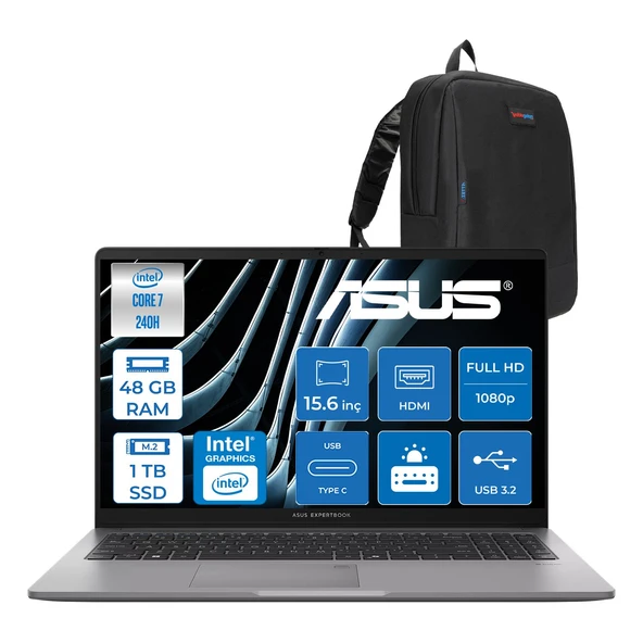 Asus Expertbook P1 P1503CVA Intel® Core™ 7 240H 48GB Ddr5 1tb SSD 15.6"fhd (1920 x 1080) 300NITS Freedos Taşınabilir Bilgisayar ZC716512G0DF18+ZETTAÇANTA ürün görseli 1