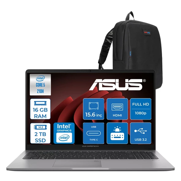 Asus Expertbook P1 P1503CVA Intel® Core™ 5 210H 16GB Ddr5 2tb SSD 15.6"fhd (1920 x 1080) 300NITS Freedos Taşınabilir Bilgisayar ZC516512G0DF04+ZETTAÇANTA ürün görseli 1
