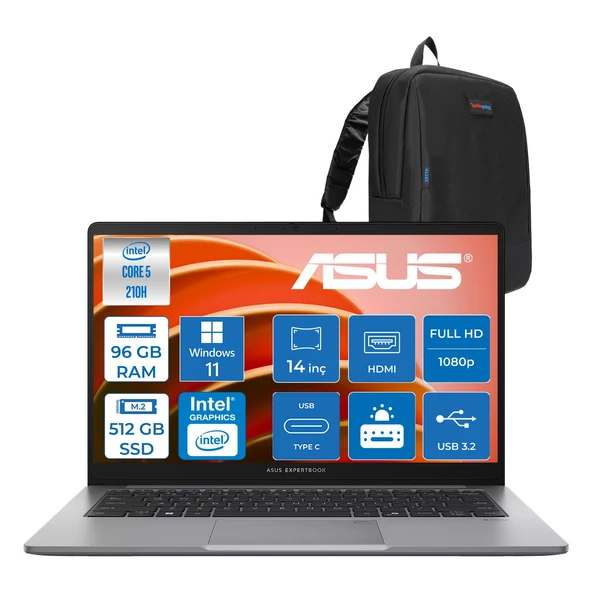Asus Expertbook P1 P1403CVA Intel® Core™ 5 210H 96GB Ddr5 512GB SSD 14"fhd (1920 x 1080) 300NITS WIN11HOME Taşınabilir Bilgisayar PC516512G0DH32+ZETTAÇANTA ürün görseli 1