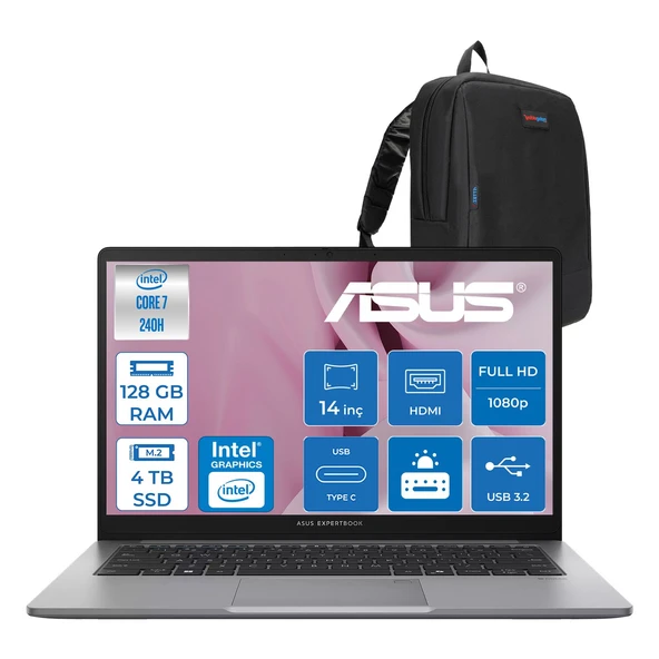 Asus Expertbook P1 P1403CVA Intel® Core™ 7 240H 128GB Ddr5 4tb SSD 14"fhd (1920 x 1080) 300NITS Freedos Taşınabilir Bilgisayar PC716512G0DF40+ZETTAÇANTA ürün görseli 1
