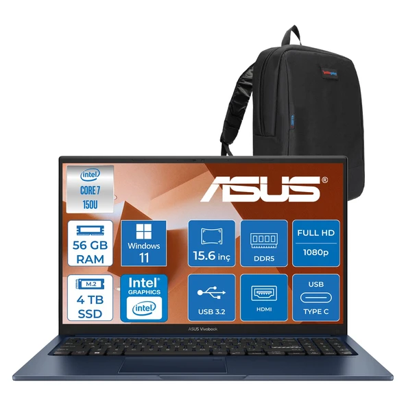 Asus Vivobook 15 Vivobook 15 (X1504VA) Intel® Core™ 7 150U 56GB Ddr5 4tb SSD Intel Graphic Gpu 15,6 Inç Fhd (1920 x 1080) WIN11PRO Taşınabilir Bilgisayar X1504VA150UP25+ZETTAÇANTA ürün görseli 1