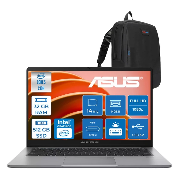 Asus Expertbook P1 P1403CVA Intel® Core™ 5 210H 32GB Ddr5 512GB SSD 14"fhd (1920 x 1080) 300NITS Freedos Taşınabilir Bilgisayar PC516512G0DF12+ZETTAÇANTA ürün görseli 1
