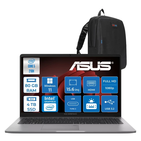 Asus Expertbook P1 P1503CVA Intel® Core™ 5 210H 80GB Ddr5 4tb SSD 15.6"fhd (1920 x 1080) 300NITS WIN11HOME Taşınabilir Bilgisayar ZC516512G0DH30+ZETTAÇANTA ürün görseli 1