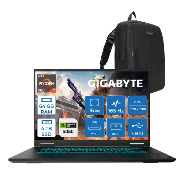 Gigabyte Gaming A16-3TH Amd Ryzen 7 260 64GB Ddr5 4tb SSD RTX5050 Gddr7 8gb Freedos Mux Switch 16" IPS Wuxga (1920X1200) 165HZ 300NİTS K3TR893SDF30 + Zetta Çanta ürün görseli 1