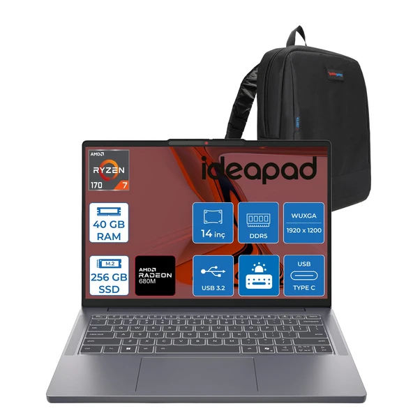 Lenovo Ideapad Slim 3 14ARP10 Amd Ryzen 7 170 40GB Ddr5 256GB SSD Radeon™ 680M Graphics 14" Wuxga (1920X1200) IPS 300NITS Freedos Taşınabilir Bilgisayar 83K6006JTRF16+ZETTAÇANTA ürün görseli 1