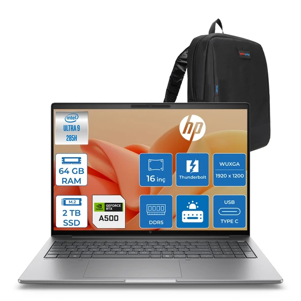 Hp Zbook 8 G1I Ultra 9 285H Ddr5 64GB 2tb SSD 4GB/RTX500ADA 16" Wuxga (1920 x 1200) 400NIT Wi-Fi7+Bt 5.4 Windows 11 Pro Aı Iş Istasyonu B30HJESP23 + Zettaçanta ürün görseli 1